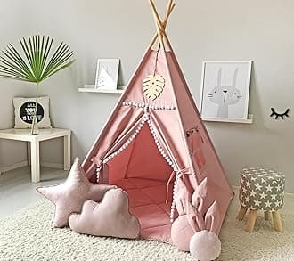 RONGFA Kids Teepee Tent with White Pom Pom - Indoor Play Teepee for Children Boys Portable Play House (Pink)