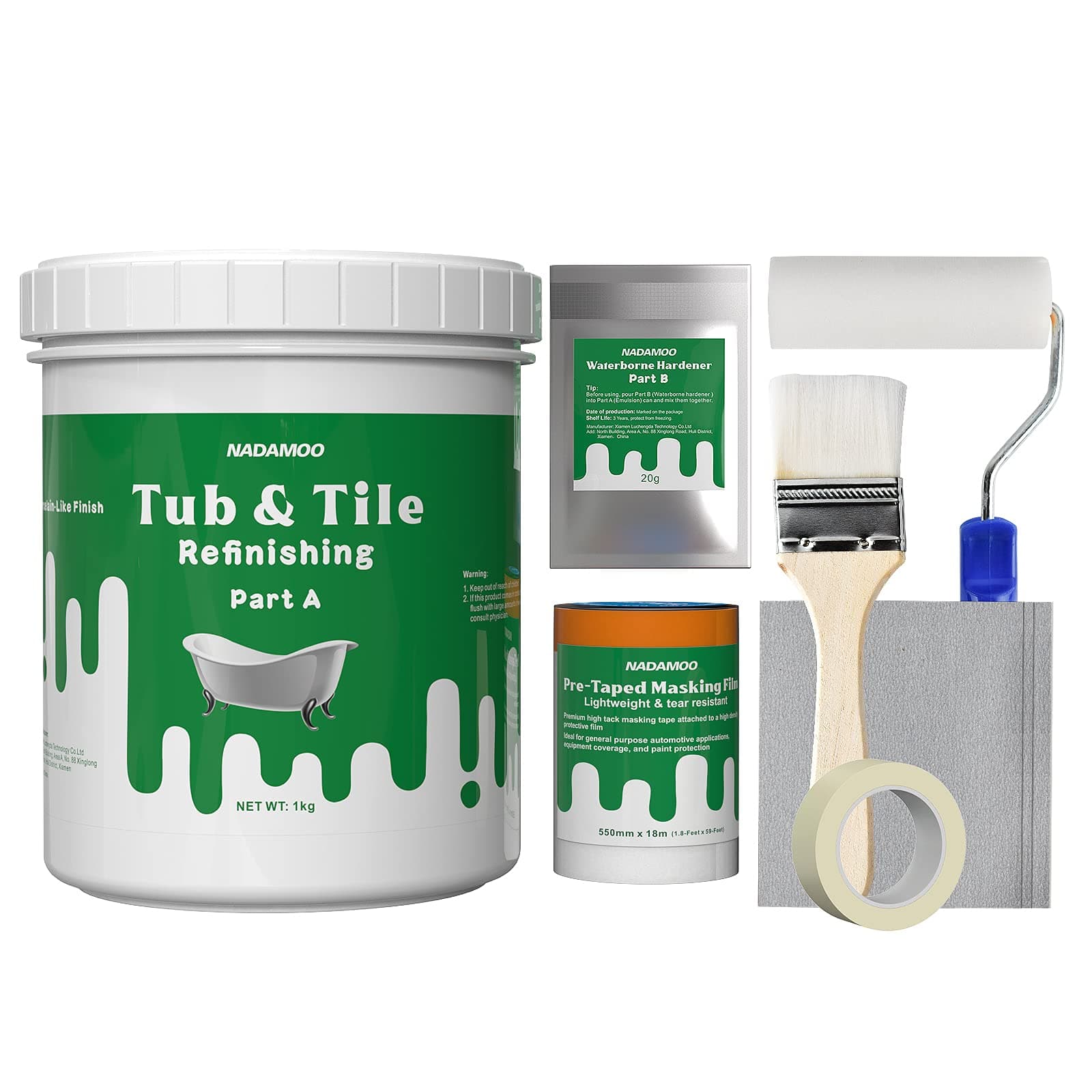 Tub and Tile Refinishing Kit (1kg / 35 oz, with tools), Bathtub Sink Countertop DIY Paint Kit for Bathroom Kitchen Porcelain Fiberglass, Semi-gloss White Coat