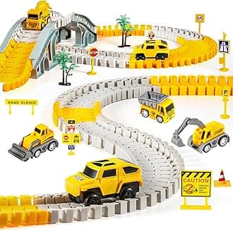 260 PCS Construction Race Tracks for Kids Toys, 2 Electric Cars, 4 Construction Cars, 1 Map & Flexible DIY Track Set, Engineering Presents for 3 4 5 6 Year Old Boys Girls