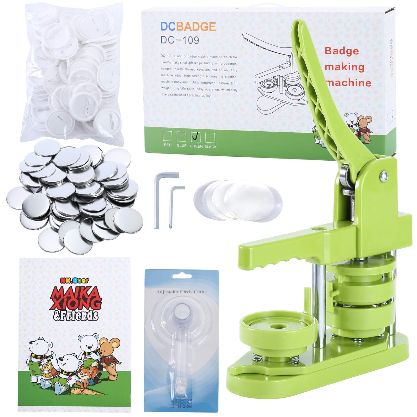 Installation Free Button Badge Maker Machine 2¼" DIY Pin Button Maker Press Machine Badge Punch Press Button Parts & Picture & Circle Cutter & MK.Bear Magic Book (Green)