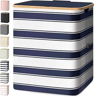 BALEINE Laundry Hamper with Lid, Tall Laundry Baskets with Bamboo Pull Handles, Large Laundry Bin with Internal Support (36 Gal/140L, Blue Stripe)