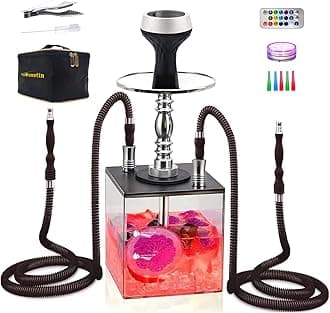 2 Hose Large Cloud Production Acrylic Hookah Set with Everything, Travel Kit with LED Hookah Machine for Shisha Smoking Experience（Black）