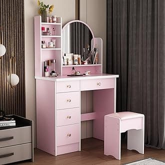 ECACAD Vanity Desk Set with Round Mirror, Makeup Dressing Table with 5 Drawers, Storage Shelves & Cushioned Stool for Bedroom, Pink