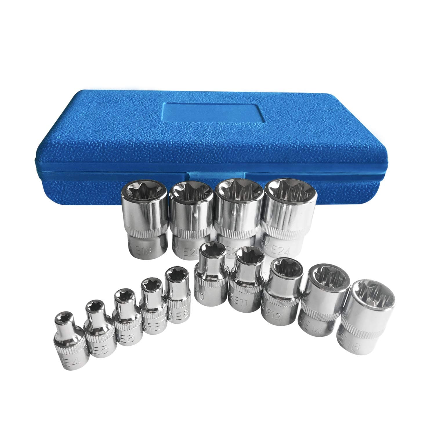mainpoint Torx Socket Set Tamper Proof Torx Star Bit Torq Torque Female E-socket Set E4-E24 1/4" 3/8" 1/2" Drive 14Pcs