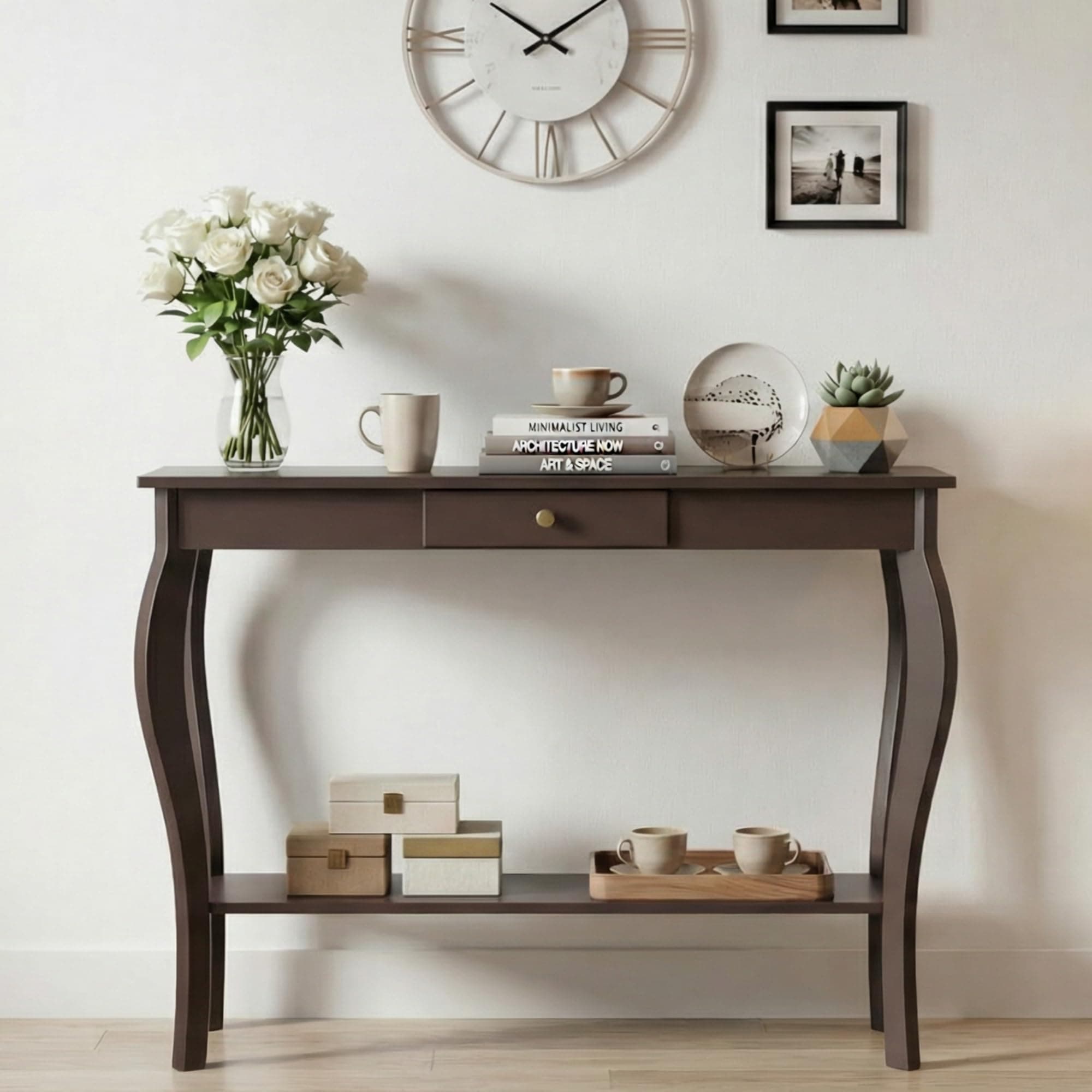 ChooChoo Narrow Console Table with Drawer, Chic Accent Sofa Entryway Table with Shelves for Entryway, Living Room, Hallway, Espresso