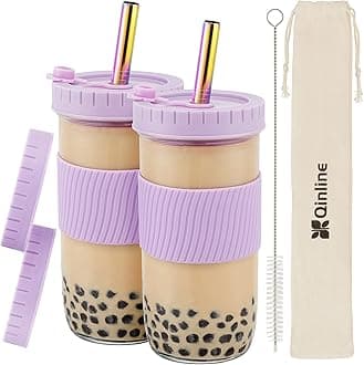 Reusable Glass Mason Jars Cups with Lids and Straws Silicone Sleeves, 2 Pack 24Oz Wide Mouth Smoothie Cups Glass Bubble Tea Cup, Leakproof drinking glasses Water Bottle Travel Tumbler for Large Pearl