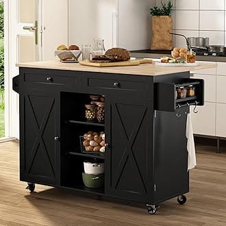 HLR Kitchen Island On Wheels, Black Rolling Kitchen Island Cart with Drop Leaf Countertop, Barn Door Kitchen Islands Table with Storage Cabinet and Tower Rack, Island Table for Kitchen