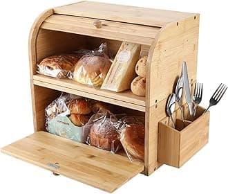 TQVAINatural Bamboo 2 Layer Large Bread Box for Kitchen Counter Wood Bread Storage Container - Can Use as 2 Individual Bread Bin - Assembly Required, Original