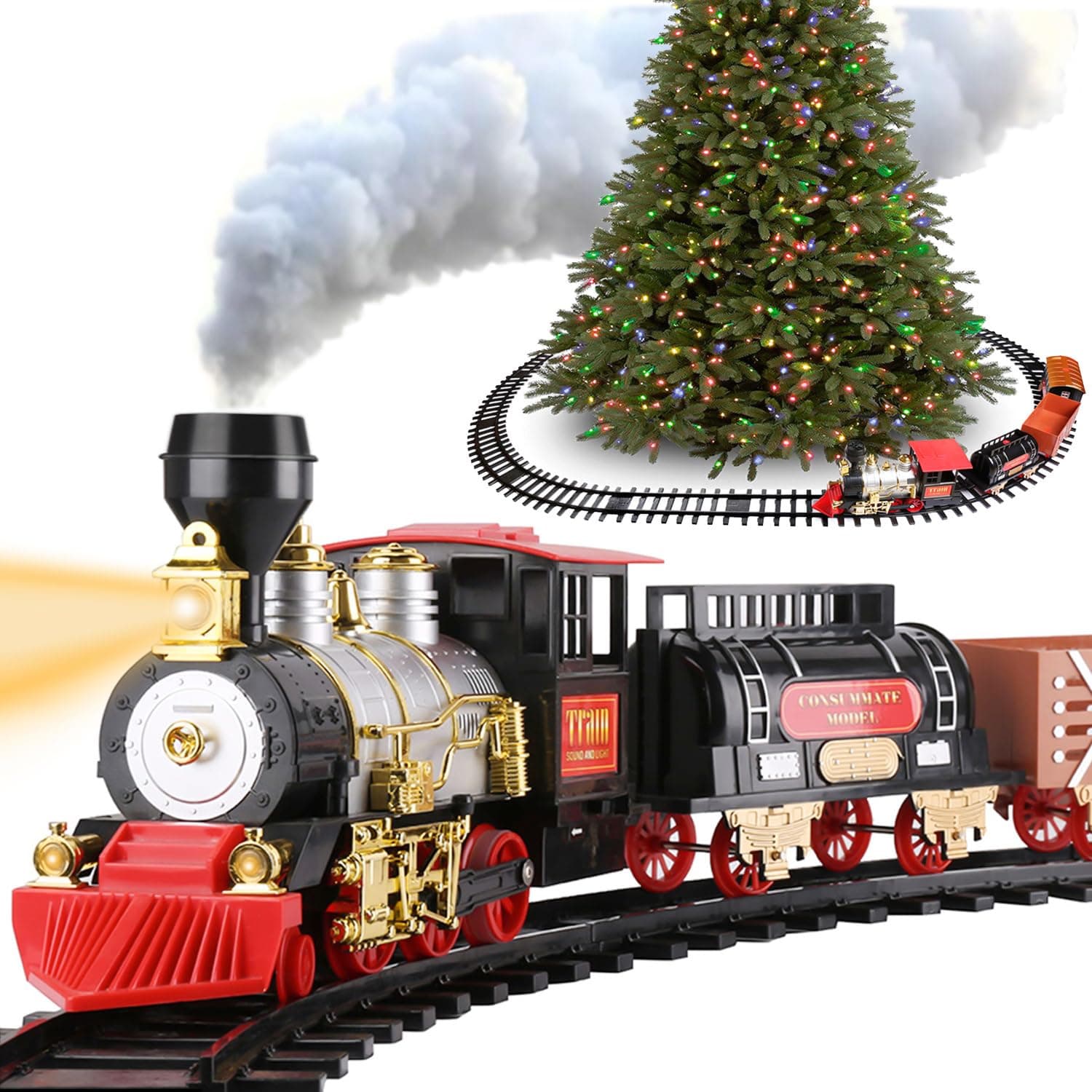 Classical Christmas Train Set for Under The Tree with Real Smoke, Lights and Sounds, Large Train Cars Big Tracks Train Sets for Around Christmas Tree