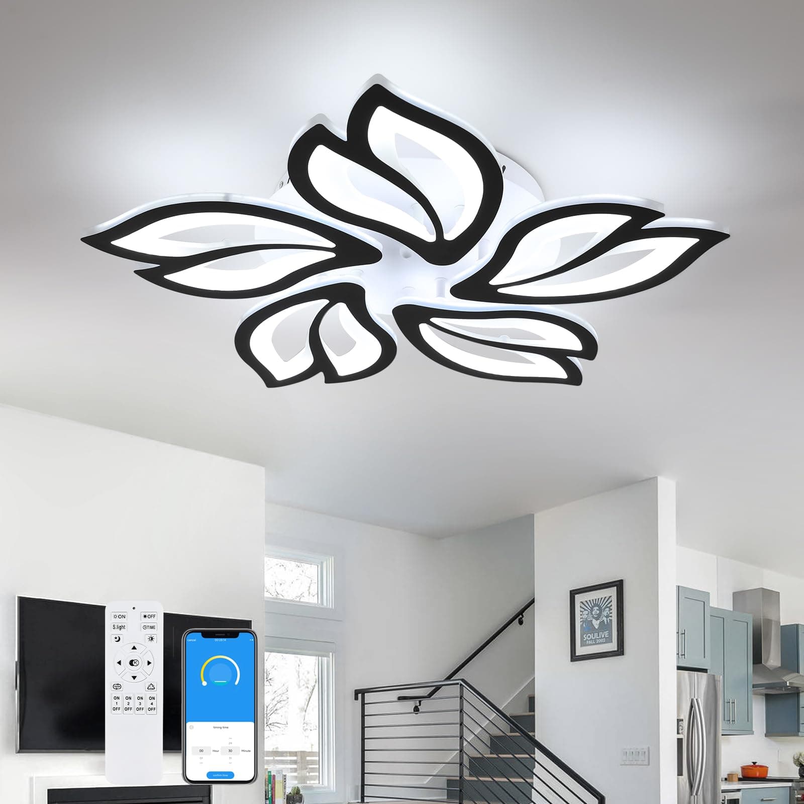 Comely Dimmable LED Ceiling Light, 45W 5200LM Ceiling Light with Remote Control/APP, Creative Petals Design Modern Ceiling Lamp for Living Room, Bedroom, Kitchen, 3000K-6500K Φ60CM