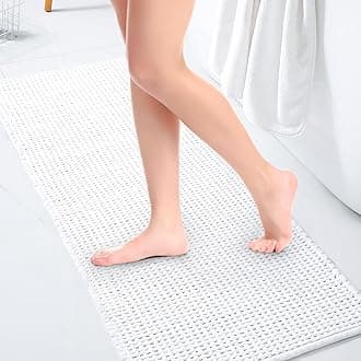 WARM HAVENBath Mat Shower Rug for Bathroom – 47x20 Machine Washable & Quick Dry Plush Floor Mat, Soft & Absorbent & Non Slip Chenille Boho Bathmat Runner, White
