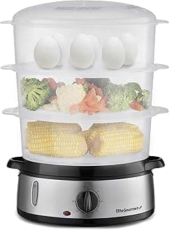Maxi-Matic Electric Food Vegetable Steamer with BPA-Free 3 Tier Stackable, Nested Basket Trays, Auto Shut-off 60-min Timer, 800W, 9.5 Quart, Stainless Steel