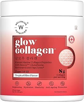 Glow Japanese Marine Collagen Peptides with Skin, Glutathione, Resveratrol, Bromelain & Goji Berry| Tropical Bliss Flavor - 250 g