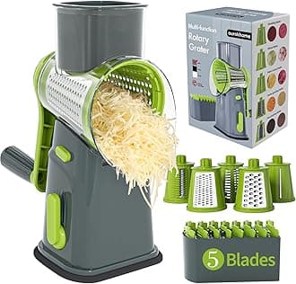 Ourokhome Rotary Cheese Grater Cheese Shredder, Mandoline Vegetable Slicer with 5 Interchangeable Blades and Strong Suction Base for Fruit, Vegetables, Nuts Grey