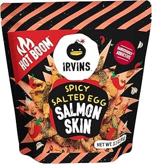 IRVINS Hot Boom Spicy Salted Egg Salmon Skin Chips & Crisps – Premium Hand Cooked, Halal, Keto-Friendly, High Protein Snack, Dangerously Addictive, Real Salted Egg, Spicy, (3.3 oz, Pack of 6)