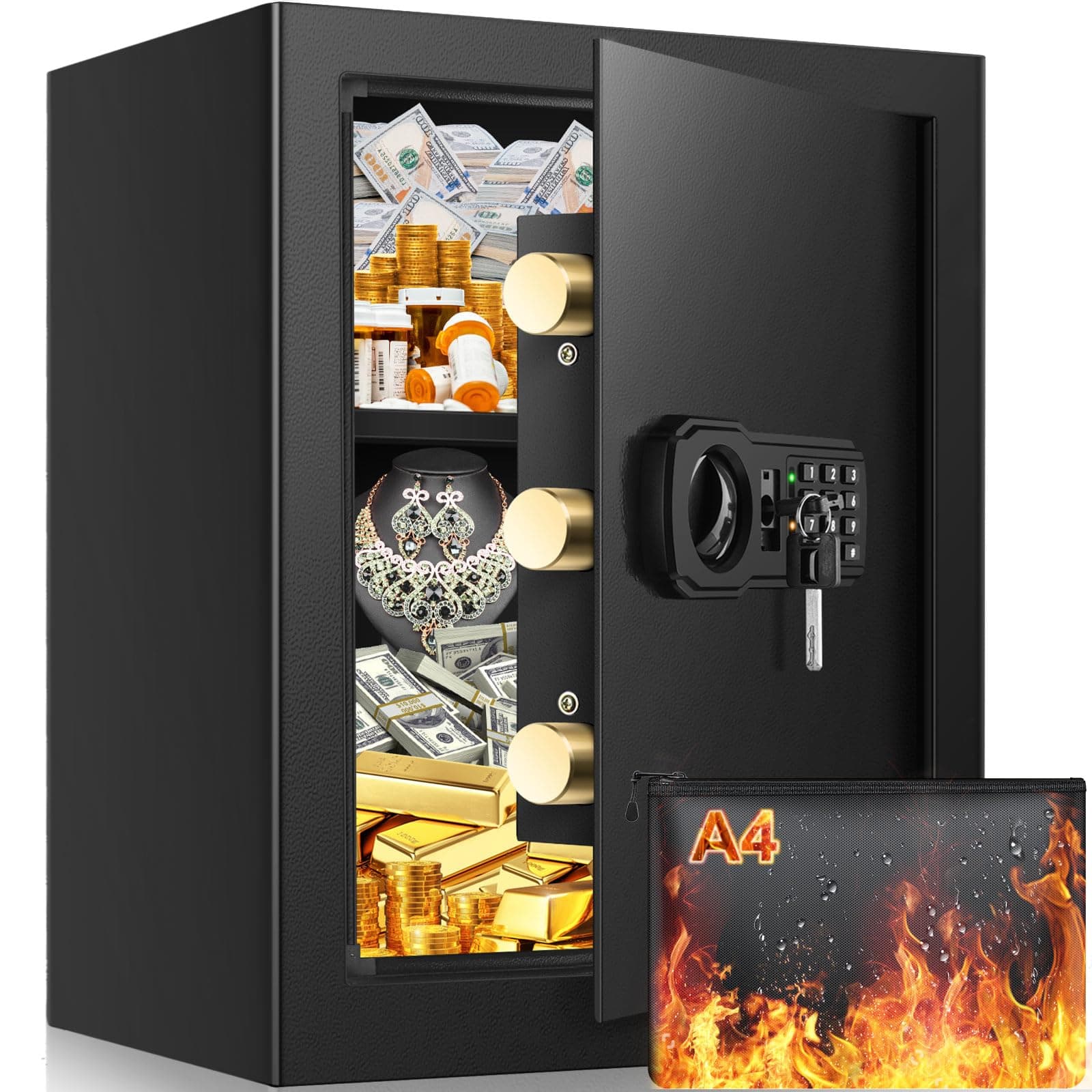 Tiskgg 2.2 Cubic Large Fireproof Safe Box with Fireproof Document Bag, Personal Security Home Safe with Removable Shelf, Anti-Theft Lock Box for Documents Money Jewelry Valuables