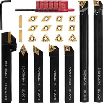 Indexable Lathe Turning Tool 21Pcs Kit,7 Pcs Metal Lathe Tool Holder Set and 14 Pcs Turning Inserts,5/8'' 16mm Shank with Carbide Inserts for Turning Grooving Threading Boring