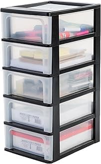 Iris Ohyama Plastic Storage Drawers Unit, 5 Shallow Drawers, Black, Easy-Pull Drawers, A4, A5 & A6 Format, File Organiser, For Office, School, Stationary, BPA Free, Chest, Tower, OCH-2005