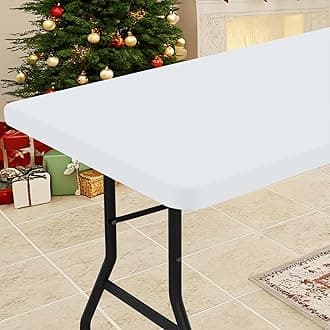 Smiry Rectangle Tablecloth, Elastic Fitted Flannel Backed Vinyl Tablecloths for 8ft Folding Tables, Waterproof Wipeable Table Covers for Indoor, Outdoor, Picnic and Camping (White, 36"x96")