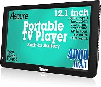 12 Inch HD Portable Digital DVB-T2 TFT HD Screen Freeview LED TV for Car,Caravan,Camping,Outdoor,Kitchen.Built in 4000mAh Battery Television/Monitor with Multimedia Player FM function USB card