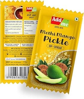 Add Me Methi Mango Pickle pouch for travelling, hotel, office, tiffin restaurant (Pack of 48) pouches 576gm in fresh indian aam ka achar
