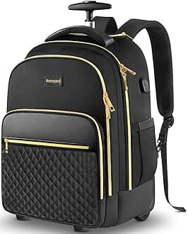 45L US Rolling Backpack With Wheels, Modern Black Unisex Travel Roller Backpack For Adults, College/University, 17 Inches Laptop Compatible
