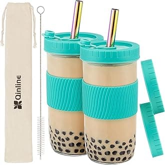 Reusable Glass Mason Jars Cups with Lids and Straws Silicone Sleeves, 2 Pack 24Oz Wide Mouth Smoothie Cups Glass Bubble Tea Cup, Leakproof drinking glasses Water Bottle Travel Tumbler for Large Pearl