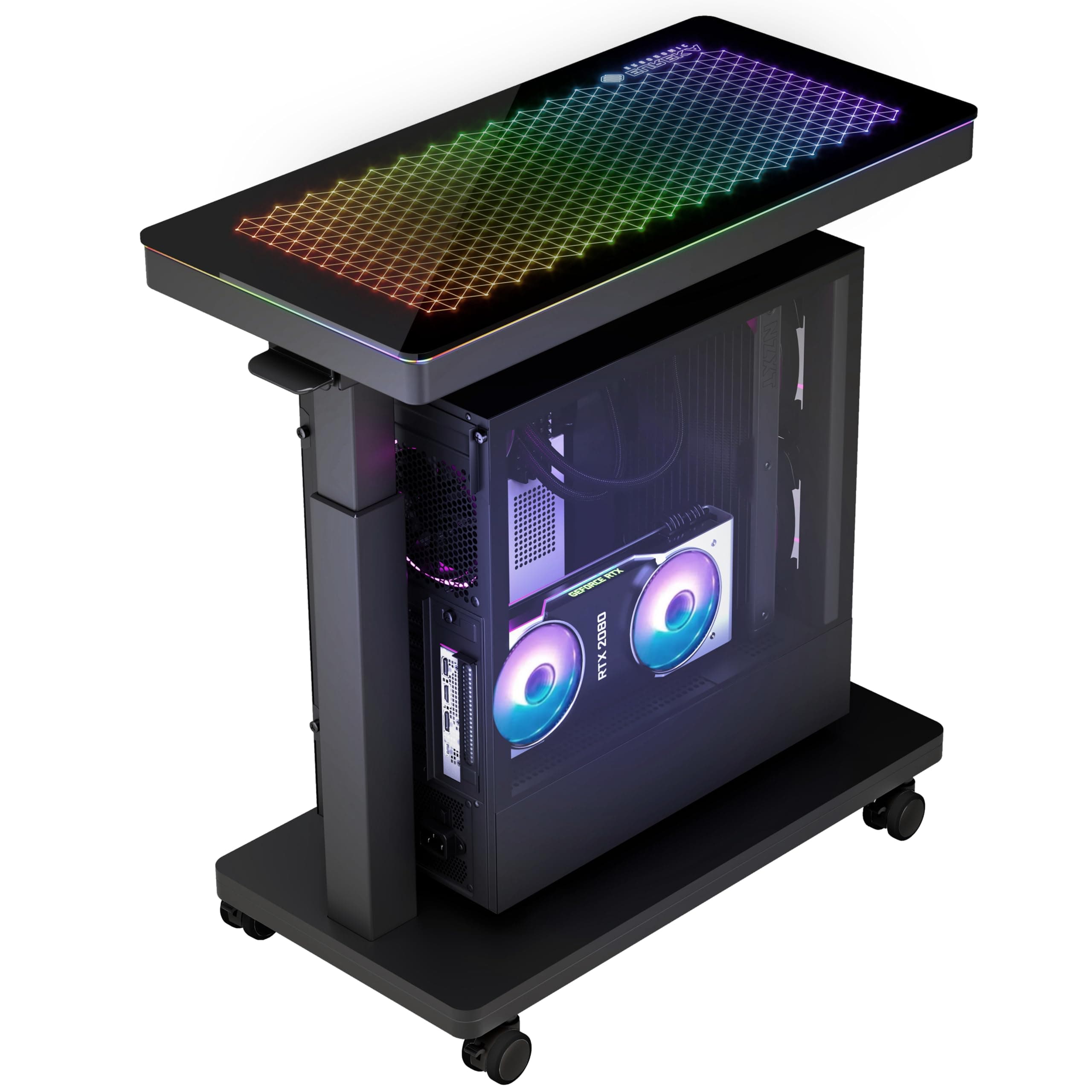 Height Adjustable Computer Tower Stand, Illuminated Glass Panel PC Stand w/RGB Lights, 2-Tier CPU Holder Cart Under Desk, PC Floor Stand for Office Gaming, APP Control