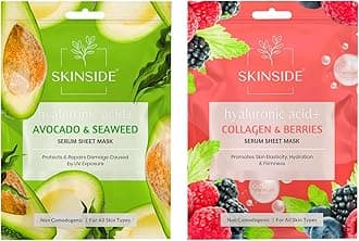 Serum Sheet Mask for Glowing Skin with Hyaluronic Acid | Face Mask Sheets Combo for | Hydrating | Tan & Blackheads Removal | Instant Brightening | Pore Reduction | Fairness | Skin Tightening (2, Avocado & Sea Weed | Collagen & Berries)