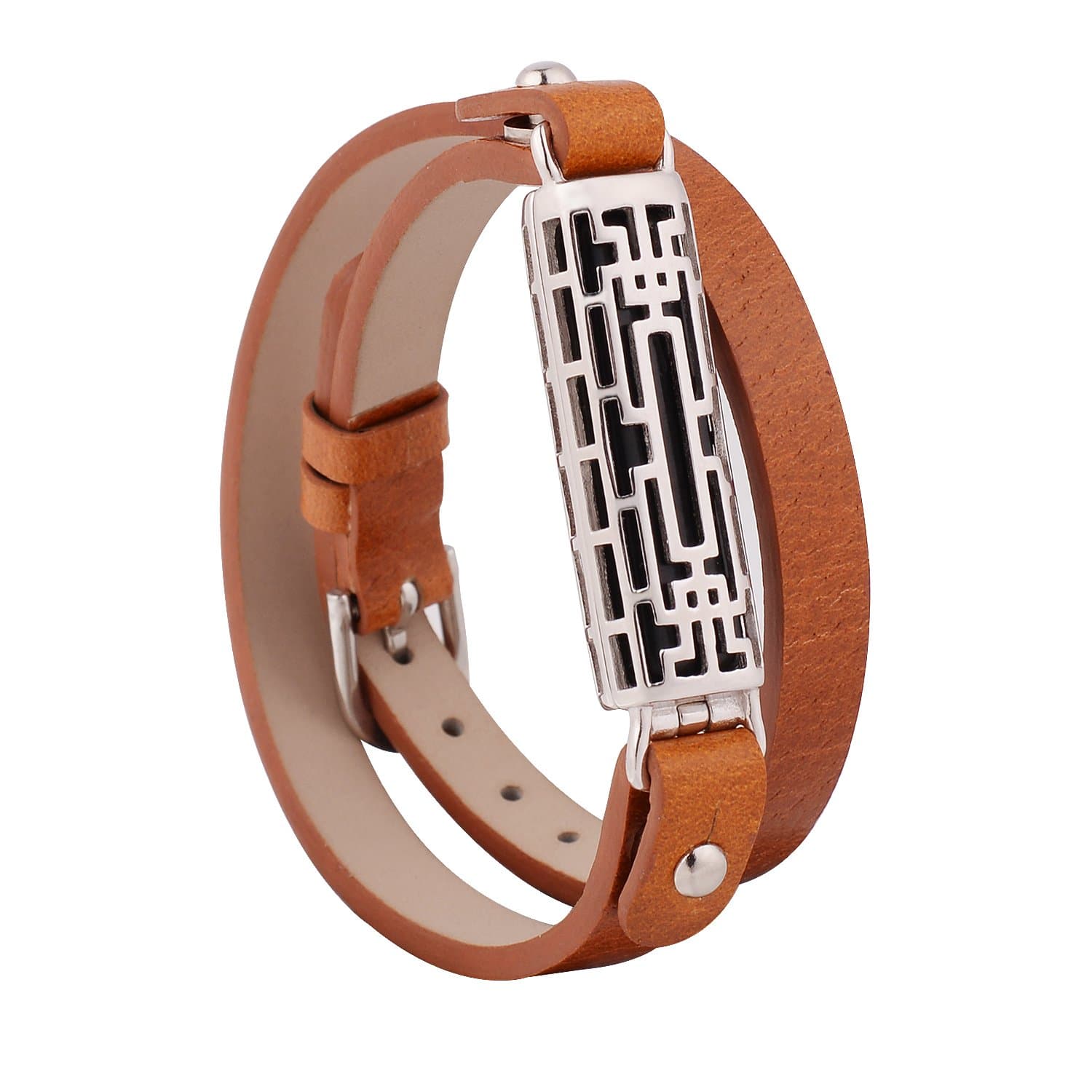 Electric Accessory Watch Bracelet Activity Tracker Accessory Adjustable Replacement Leather Watch Band Bracelet Strap with Clip Holder for Fitbit Flex 2 (Brown & Silver, Double Band)