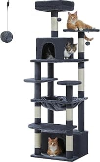 PAWZ RoadLarge Cat Tree, 64.5 Inches Cat Tower for Medium Cats, Cat Condo with Sisal-Covered Scratching Posts and Pads, 2 Padded Perch, Dual Condo and Basket for Indoor Cats-Dark Gray