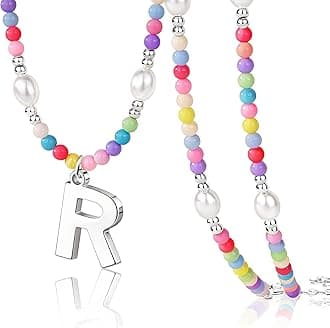 Colorful Initial Necklace for Girls – Trendy Dainty Beaded Choker with Letter Pendant, 14K Gold Plated, Cute Personalized Jewelry Gift for Kids, Teens, Women, Birthday, Christmas, Lockets