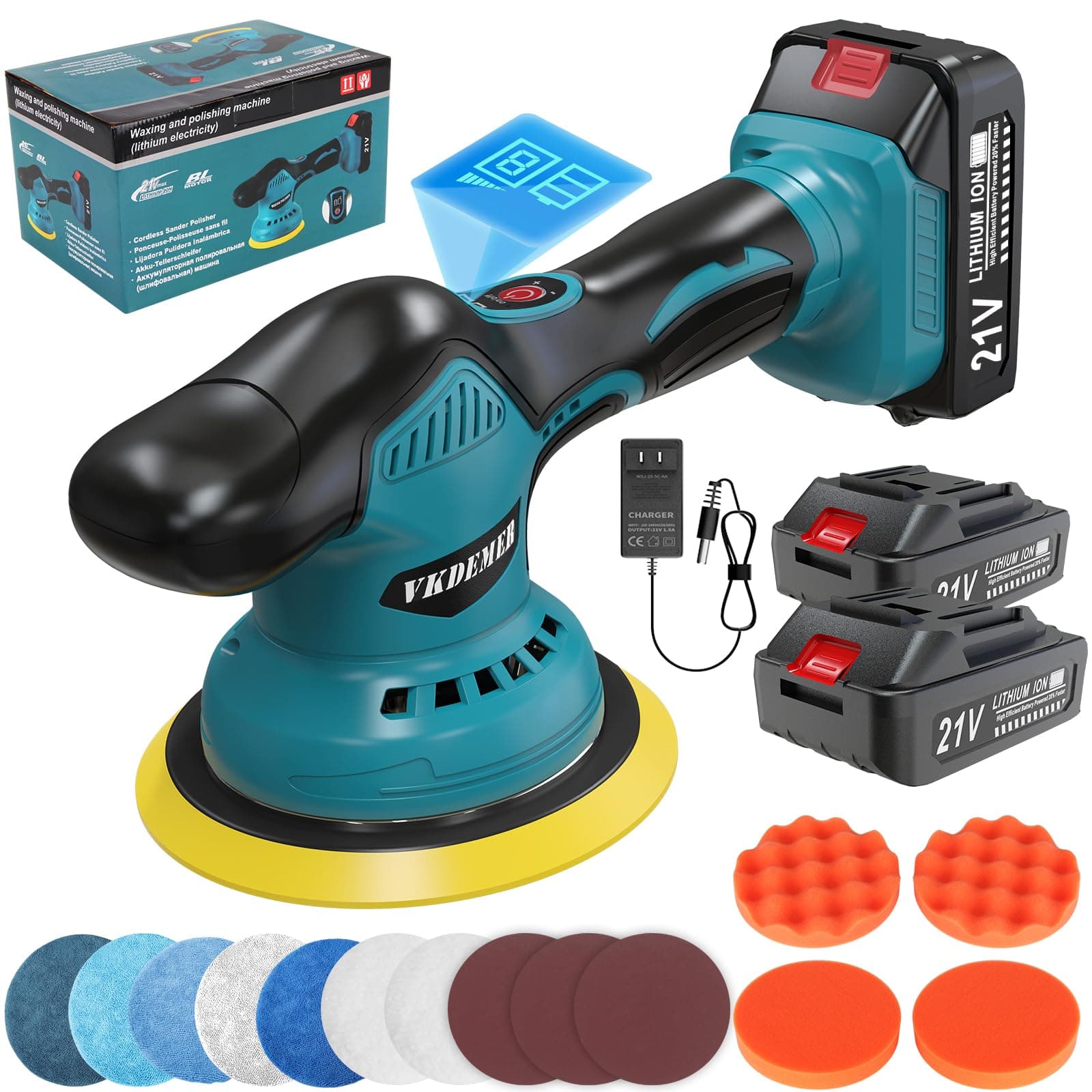 Cordless Car Buffer Polisher, 6 In Mini Buffer Polisher Kit with 2 Pack 21V Rechargeable Batteries,8 Variable Speed 5500RPM Orbital Polisher for Car Boat Detailing, Polishing,Scratch Removing