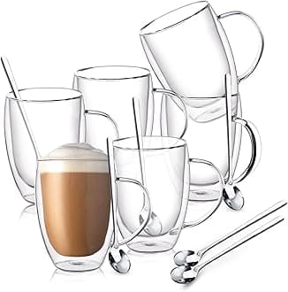 Double Wall Glass Coffee Mugs, 12 Oz Clear Coffee Mugs with Handle, Insulated Glass Coffee Mugs Set of 6, Perfect for Espresso, Cappuccino, Latte, Americano, Tea Bag, Beverage