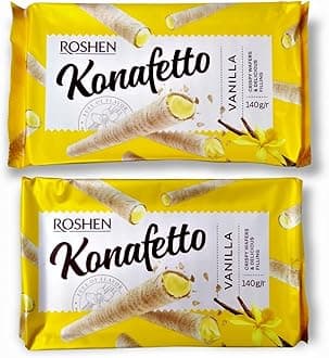 Roshen Crispy Flavorful Wafer Rolls "Konafetto" with Vanilla-Cream Filling, 4.94oz/140 grams Pack of 2