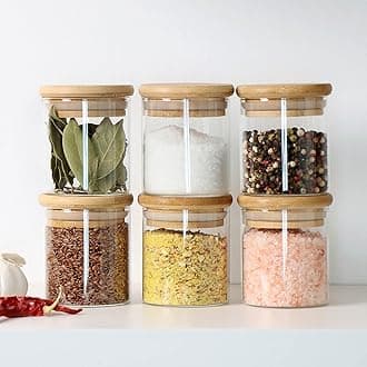 glass jars with wooden lid glass jar set food storage containers Borosilicate glass jar Set/Suit for Sugar, Tea, and Other Dry food storage (220ML JARS, 6 PCS, Transparent)