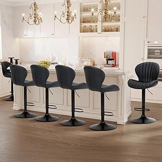 COLAMY Bar Stools Set of 6, Modern Swivel Bar Chairs, Adjustable Faux Leather Upholstered Barstools Counter Height with High Backrest for, Kitchen Island, Dining Room, Black