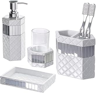 White Bathroom Accessories Set - Decorative 4 Piece Bathroom Set - Mirrored Bathroom Accessory Set Includes: Soap Dispenser, Toothbrush Holder, Tumbler & Soap Dish (Quilted Mirror)
