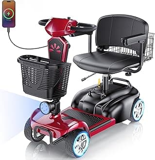 15/25/30/50Miles Eldryvon 4 Wheels Electric Mobility Scooter for Seniors, Dual Basket, 350W Powered Wheelchair with Rotating Seat, Foldable Motorized Scooter for Adult (Red, 15Miles)