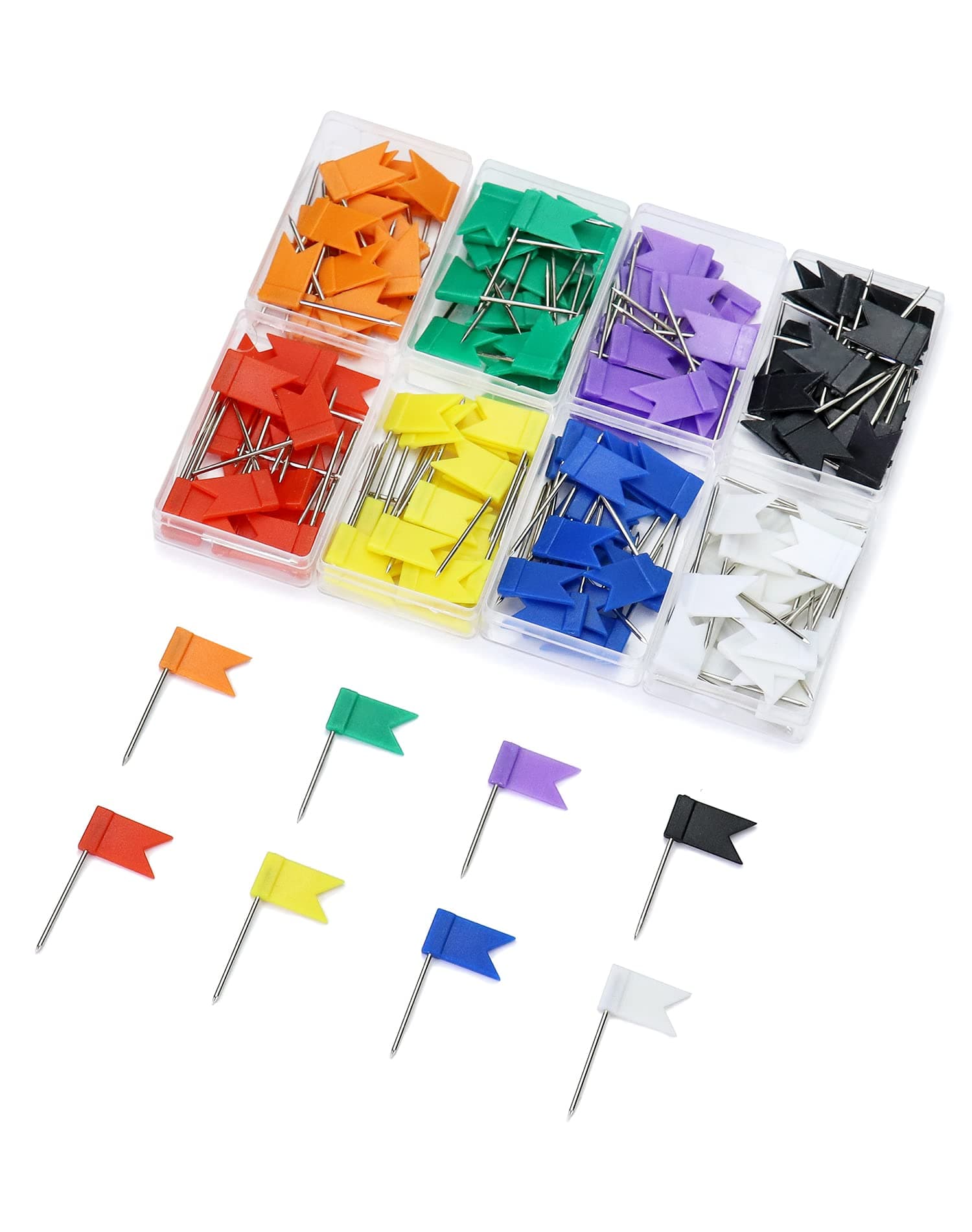 QWORK® 160 Pcs Multicolored Map Pins, Flag Push Pins Map Tacks with Steel Point for Pinboards and Maps at Home Office School (8 Assorted Colors)