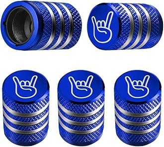 Tire Valve Stem Cap Cover - (5 Pack) Tire Air Cap Metal with Plastic Liner Corrosion Resistant Leak-Proof Rock and Roll for Car Truck Motorcycle Bike Blue