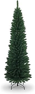 7Ft/2.1m Slim Christmas Tree Artificial Green Pencil Tree 625 Pointed Tips, Metal Stand, Holiday Home Decorations