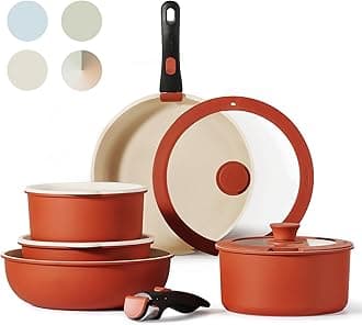 11pcs Pots and Pans Set, Nonstick RV Cookware Set Detachable Handle, Induction Kitchen Sets Non Stick with Removable Handle, Oven Safe, Red
