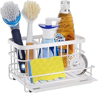 Sink Caddy Sponge Holder - Kitchen Sink Organizer with Drain Tray, SUS304 Stainless Steel Rustproof Sponge Caddy Storage for Kitchen Countertop- White
