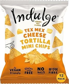 Indulge Tortilla Mini Chips - Tex Mex Cheese Flavour - Gluten Free, Low Salt, Low Fat, Nut Free, Vegan - 20g x 12 bags (20g (Pack of 12), Tex Mex Cheese)