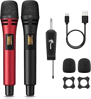 TONOR Wireless Microphones, UHF Cordless Handheld Dynamic Mics with 6.35mm Rechargeable Receiver, 60 m Range, 2*5 Adjustable Channels for Karaoke, Singing, DJ, Party, Speech, TW320, 2 Mics Black&Red