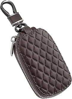 Stylish Car Key Case with Keychain and Zipper - Genuine Leather Car Key Case Holder for Remote Key Cover Replacement (Coffee)