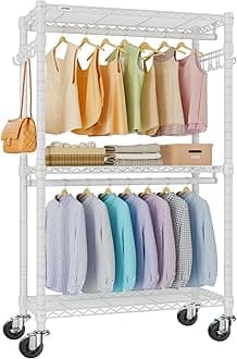 R2 Medium Heavy Duty Clothes Rack Rolling Clothing Rack Adjustable Metal Wire Shelving Portable Closets with Double Hanging Rods, Side Hooks, Freestanding Closet Racks Wardrobe, White