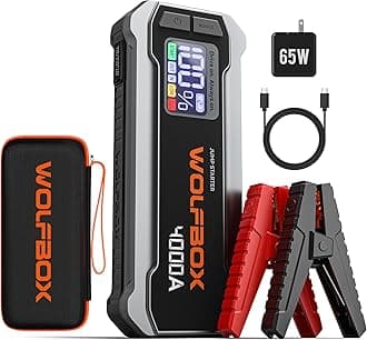 WOLFBOX 4000A Jump Starter - 24000mAh Portable Battery Booster for 10L Gas & 10L Diesel Engines, 65W Quick Charger, LED Display, Built-in LED Light & Jumper Cables for Vehicles