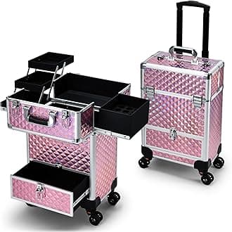 Hododou Rolling Makeup Train Case Portable Cosmetic Trolley with Drawer Wheels, 4 Trays Large Bottom, Pink
